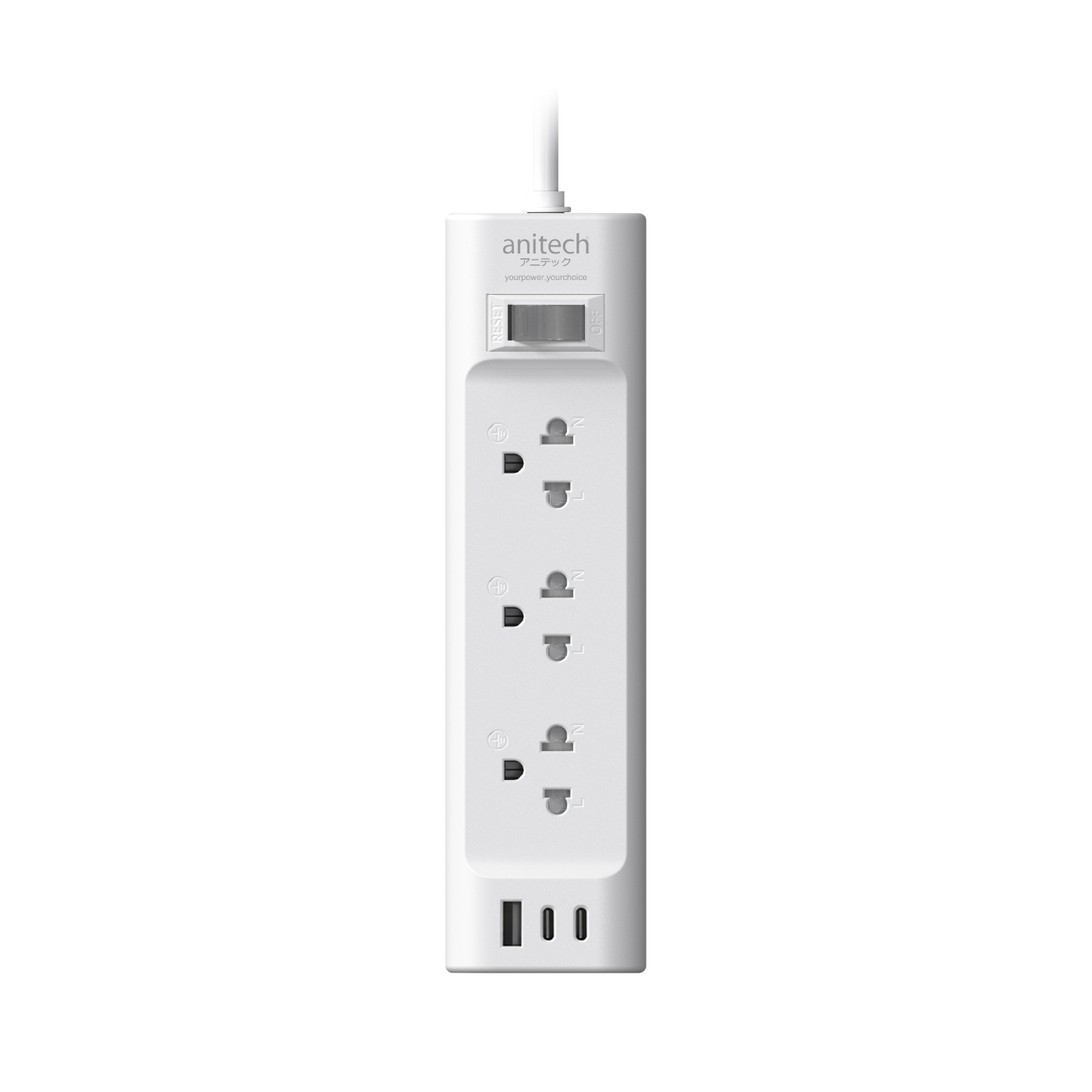 Anitech ปลั๊กไฟ 3 ช่อง รุ่น H633U พร้อม USB-C Charging สายไฟยาว 3 เมตร กำลังไฟ 2200W
