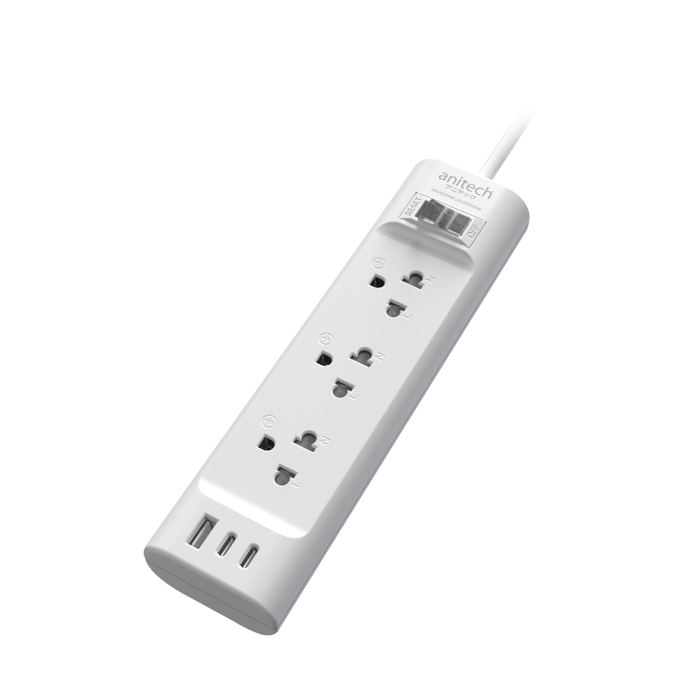 Anitech ปลั๊กไฟ 3 ช่อง รุ่น H633U พร้อม USB-C Charging สายไฟยาว 3 เมตร กำลังไฟ 2200W - Image 2