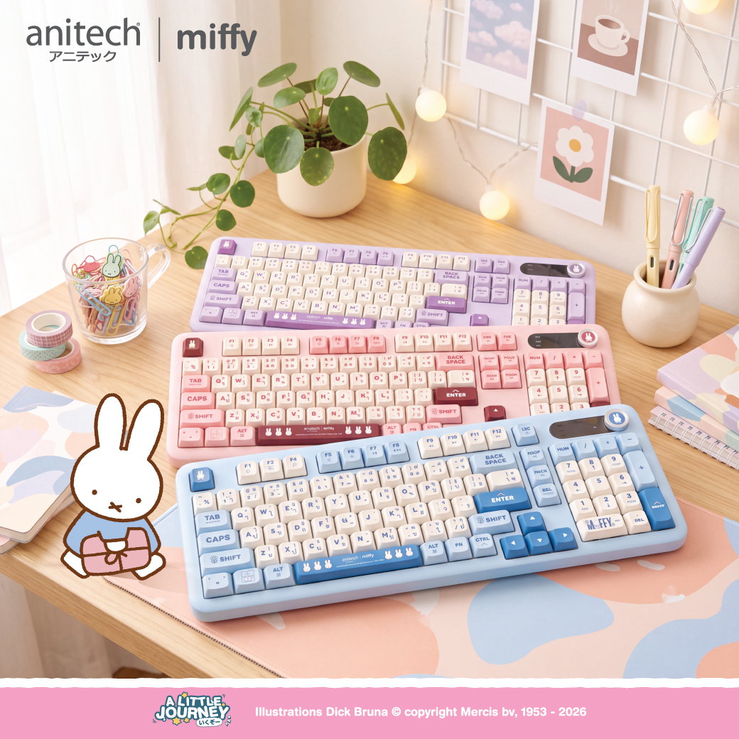 anitech | miffy คีย์บอร์ดไร้สาย MF-P506-PU หน้าจอแสดงผลสถานะการเชื่อมต่อและแบตเตอรี่ รองรับการเชื่อมต่อ 3 รูปแบบ - Image 2