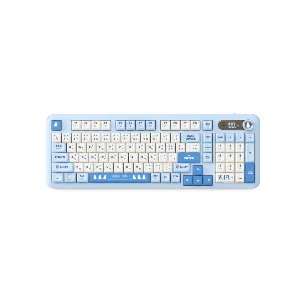 anitech | miffy คีย์บอร์ดไร้สาย MF-P506-BL หน้าจอแสดงผลสถานะการเชื่อมต่อและแบตเตอรี่ รองรับการเชื่อมต่อ 3 รูปแบบ