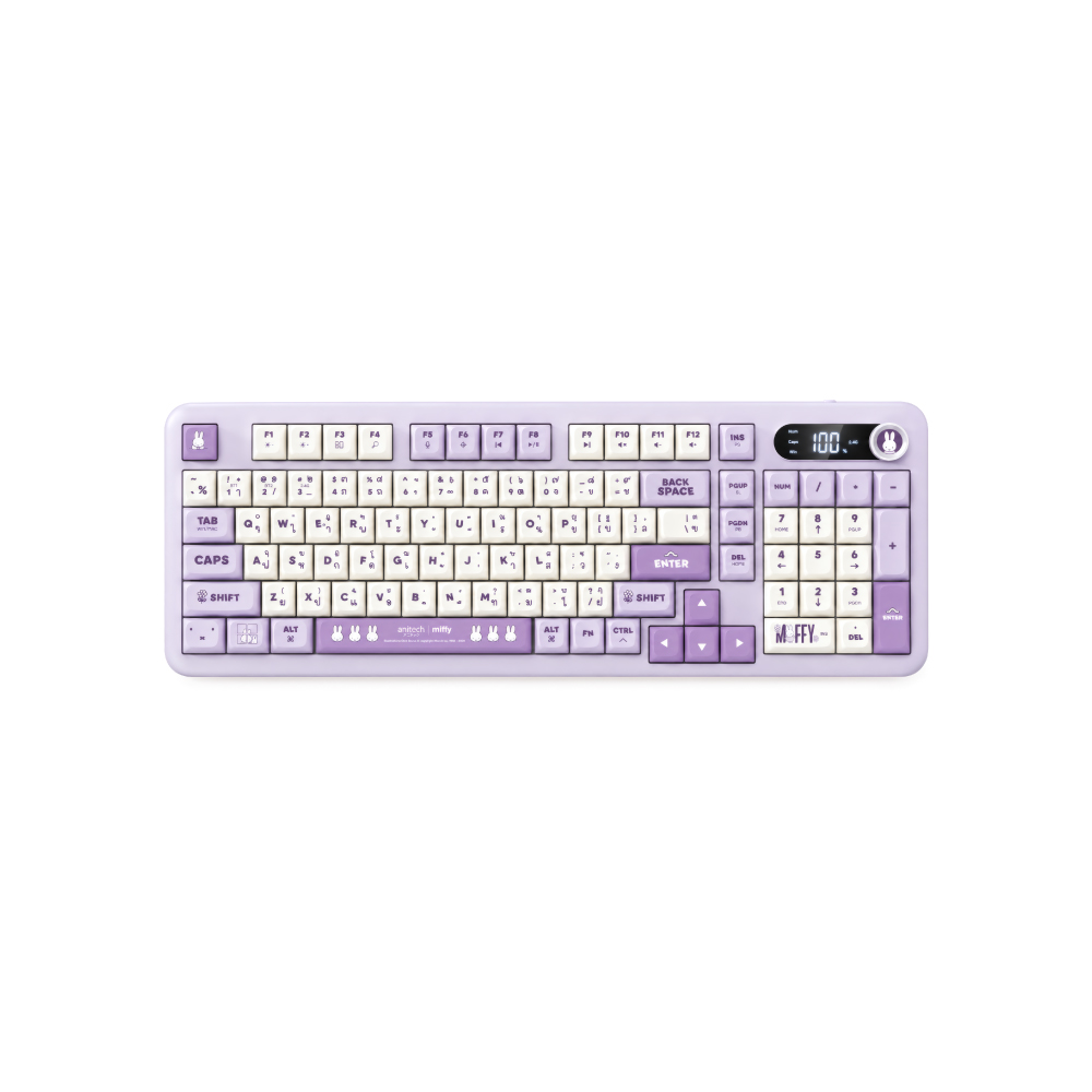 anitech | miffy คีย์บอร์ดไร้สาย MF-P506-PU หน้าจอแสดงผลสถานะการเชื่อมต่อและแบตเตอรี่ รองรับการเชื่อมต่อ 3 รูปแบบ